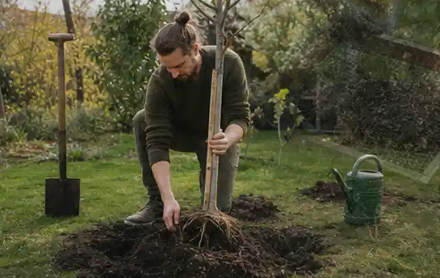 Person setzt einen jungen Zierbaum in ein vorbereitetes Pflanzloch im Garten; Thema Kübelpflanzen, Schwerpunkt Sortenwahl; Ausgangslage.