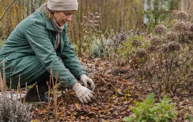 Person verteilt eine schützende Mulchschicht zwischen winterlichen Stauden; Thema Kübelpflanzen, Schwerpunkt Sortenwahl; Ergebnis.