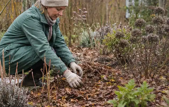 Person verteilt eine schützende Mulchschicht zwischen winterlichen Stauden; Thema Kübelpflanzen, Schwerpunkt Standort; Ausgangslage.