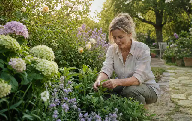 Person pflegt üppige Pflanzen in einem natürlich beleuchteten Garten; Thema Kübelpflanzen, Schwerpunkt Standort; Ergebnis.