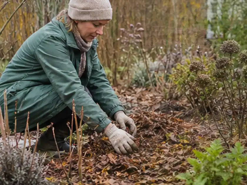 Person verteilt eine schützende Mulchschicht zwischen winterlichen Stauden; Thema Kübelpflanzen, Schwerpunkt Topfkultur; Titelbild.