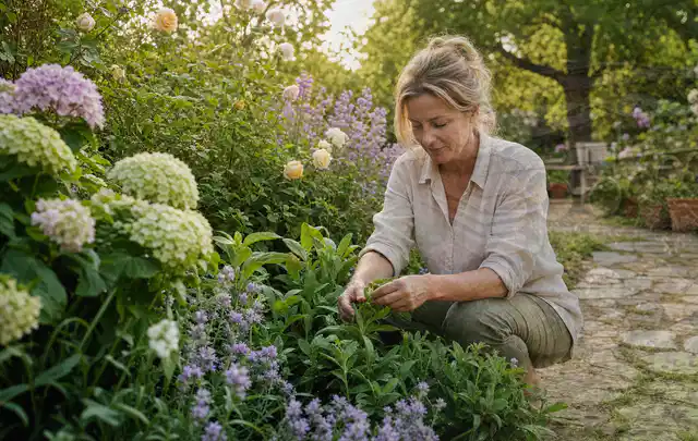 Person pflegt üppige Pflanzen in einem natürlich beleuchteten Garten; Thema Kübelpflanzen, Schwerpunkt Topfkultur; Ausgangslage.