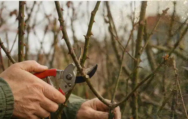 Hände schneiden einen älteren Rosenstrauch mit einer sauberen Gartenschere; Thema Kübelpflanzen, Schwerpunkt Topfkultur; Umsetzung.
