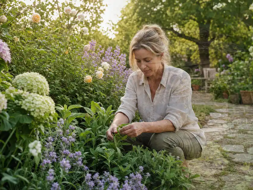 Person pflegt üppige Pflanzen in einem natürlich beleuchteten Garten; Thema Kübelpflanzen, Schwerpunkt Vermehrung; Titelbild.