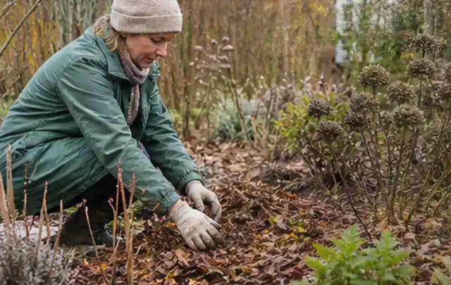 Person verteilt eine schützende Mulchschicht zwischen winterlichen Stauden; Thema Kübelpflanzen, Schwerpunkt Vermehrung; Umsetzung.