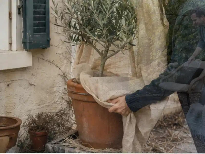Person umhüllt eine mediterrane Kübelpflanze mit atmungsaktivem Winterschutz; Thema Kübelpflanzen, Schwerpunkt Wachstum; Titelbild.