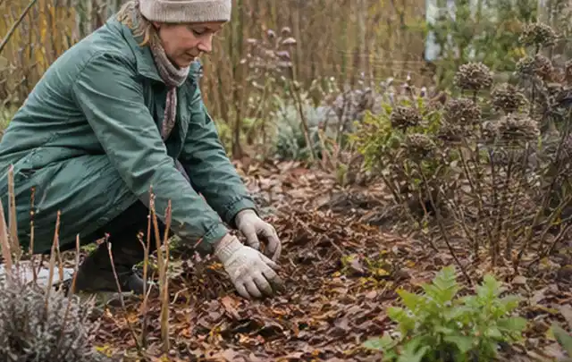 Person verteilt eine schützende Mulchschicht zwischen winterlichen Stauden; Thema Kübelpflanzen, Schwerpunkt Wachstum; Umsetzung.