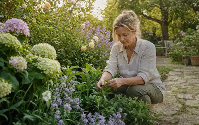 Person pflegt üppige Pflanzen in einem natürlich beleuchteten Garten; Thema Kübelpflanzen, Schwerpunkt Wachstum; Kontrolle.