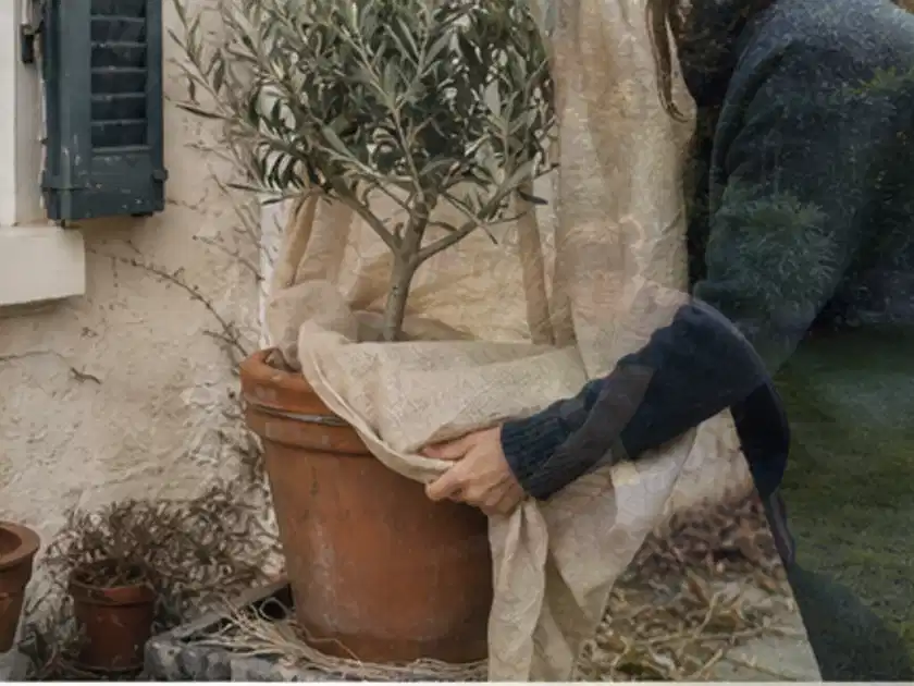 Person umhüllt eine mediterrane Kübelpflanze mit atmungsaktivem Winterschutz; Thema Kübelpflanzen, Schwerpunkt Winterpflege; Titelbild.