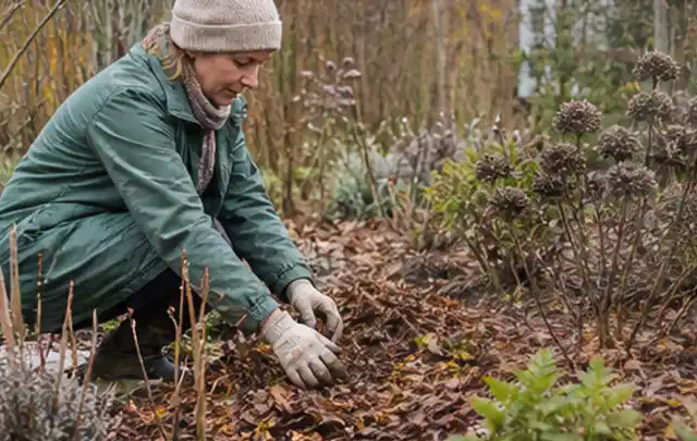 Person verteilt eine schützende Mulchschicht zwischen winterlichen Stauden; Thema Kübelpflanzen, Schwerpunkt Winterpflege; Kontrolle.