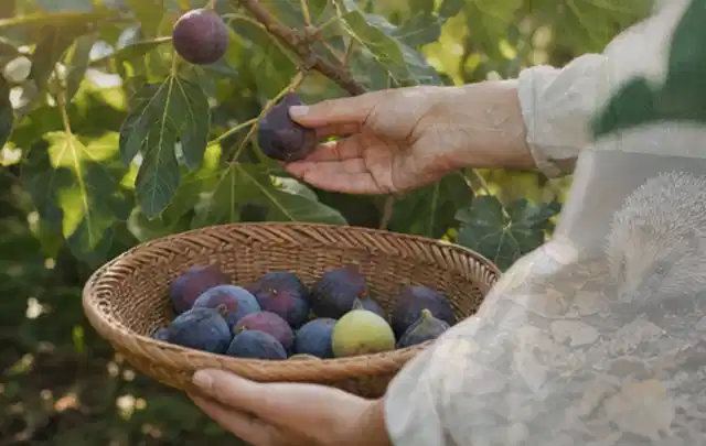 Hand pflückt eine reife Feige über einem flachen Korb mit Früchten; Thema Kürbis, Schwerpunkt Boden; Umsetzung.