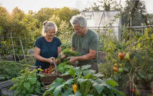 Zwei Personen ernten gemeinsam Gemüse in einem sonnigen Nutzgarten; Thema Kürbis, Schwerpunkt Einsteigerwissen; Ergebnis.