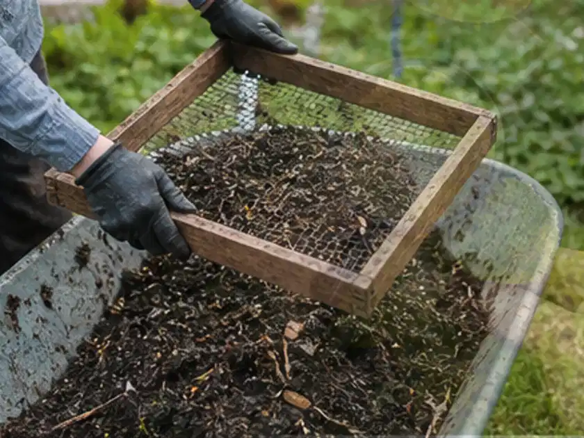 Behandschuhte Hände sieben reifen Kompost über einer Gartenschubkarre; Thema Kürbis, Schwerpunkt Lagerung; Titelbild.