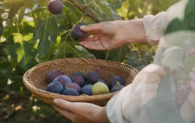 Hand pflückt eine reife Feige über einem flachen Korb mit Früchten; Thema Kürbis, Schwerpunkt Pflanzung; Ergebnis.