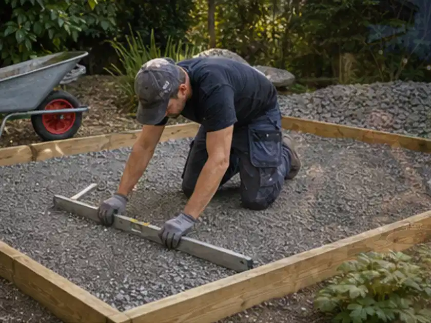 Person richtet eine verdichtete Kiesfläche mit Wasserwaage und Abziehlatte aus; Thema Lagerhaus im Garten, Schwerpunkt Aufbau; Titelbild.