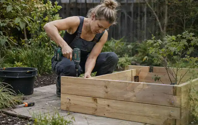 Person montiert ein massives Hochbeet aus unbehandeltem Holz im Garten; Thema Lagerhaus im Garten, Schwerpunkt Aufbau; Umsetzung.