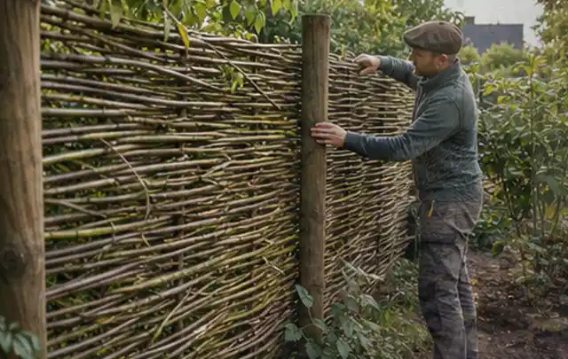 Person befestigt geflochtene Weidenruten an stabilen Holzpfosten im Garten; Thema Lagerhaus im Garten, Schwerpunkt Aufbau; Kontrolle.