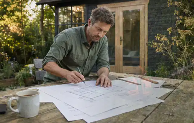 Person prüft Bauzeichnungen an einem Gartentisch vor einem kleinen Gartenhaus; Thema Lagerhaus im Garten, Schwerpunkt Aufbau; Praxisalltag.
