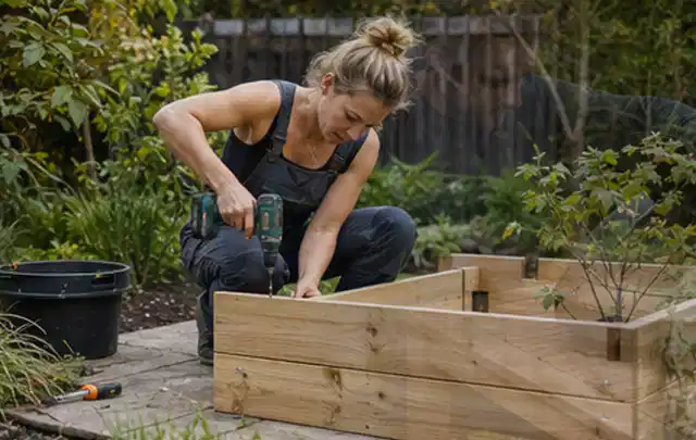 Person montiert ein massives Hochbeet aus unbehandeltem Holz im Garten; Thema Lagerhaus im Garten, Schwerpunkt Baurecht; Kontrolle.