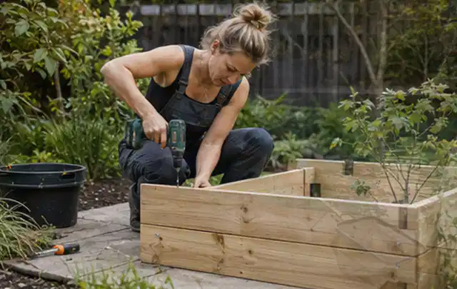 Person montiert ein massives Hochbeet aus unbehandeltem Holz im Garten; Thema Lagerhaus im Garten, Schwerpunkt Checkliste; Ausgangslage.
