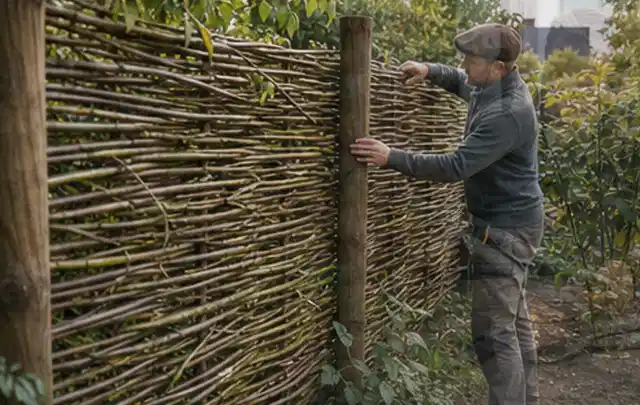 Person befestigt geflochtene Weidenruten an stabilen Holzpfosten im Garten; Thema Lagerhaus im Garten, Schwerpunkt Checkliste; Umsetzung.