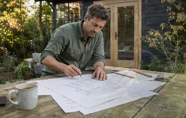 Person prüft Bauzeichnungen an einem Gartentisch vor einem kleinen Gartenhaus; Thema Lagerhaus im Garten, Schwerpunkt Checkliste; Ergebnis.