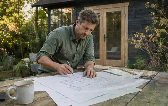 Person prüft Bauzeichnungen an einem Gartentisch vor einem kleinen Gartenhaus; Thema Lagerhaus im Garten, Schwerpunkt Dimensionierung; Ausgangslage.