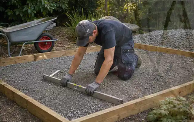 Person richtet eine verdichtete Kiesfläche mit Wasserwaage und Abziehlatte aus; Thema Lagerhaus im Garten, Schwerpunkt Dimensionierung; Kontrolle.