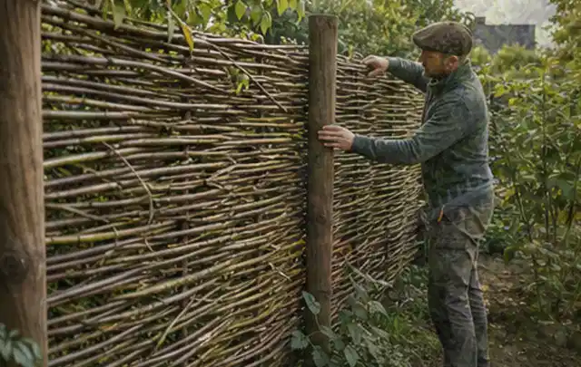 Person befestigt geflochtene Weidenruten an stabilen Holzpfosten im Garten; Thema Lagerhaus im Garten, Schwerpunkt Dimensionierung; Praxisalltag.
