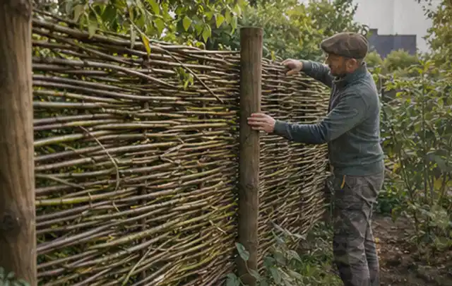Person befestigt geflochtene Weidenruten an stabilen Holzpfosten im Garten; Thema Lagerhaus im Garten, Schwerpunkt DIY; Ausgangslage.