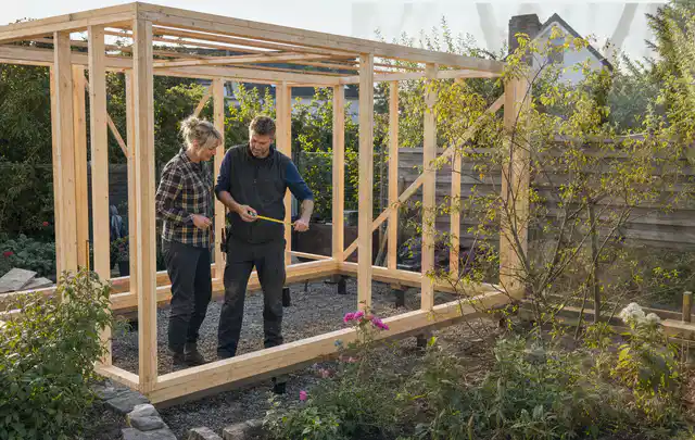 Person plant den Bau eines Gartenhauses auf einer vorbereiteten Fläche; Thema Lagerhaus im Garten, Schwerpunkt DIY; Kontrolle.