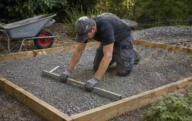 Person richtet eine verdichtete Kiesfläche mit Wasserwaage und Abziehlatte aus; Thema Lagerhaus im Garten, Schwerpunkt DIY; Praxisalltag.
