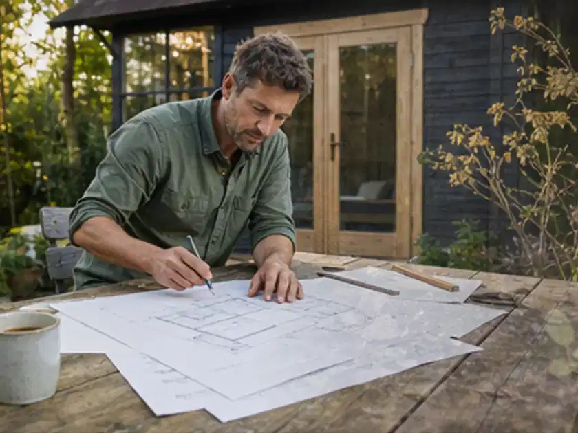 Person prüft Bauzeichnungen an einem Gartentisch vor einem kleinen Gartenhaus; Thema Lagerhaus im Garten, Schwerpunkt Fehlerhilfe; Titelbild.