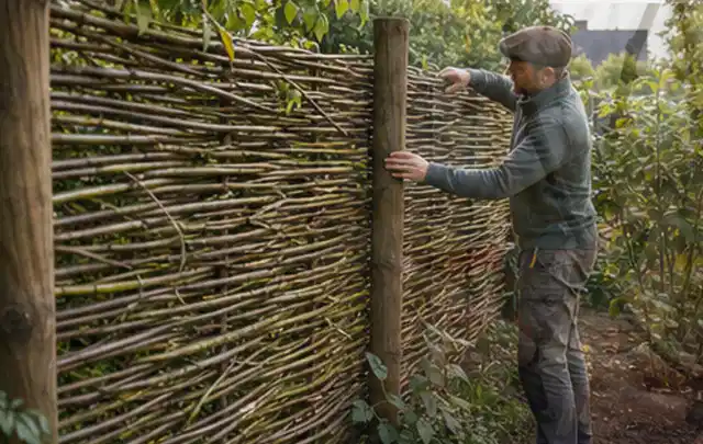 Person befestigt geflochtene Weidenruten an stabilen Holzpfosten im Garten; Thema Lagerhaus im Garten, Schwerpunkt Fehlerhilfe; Umsetzung.