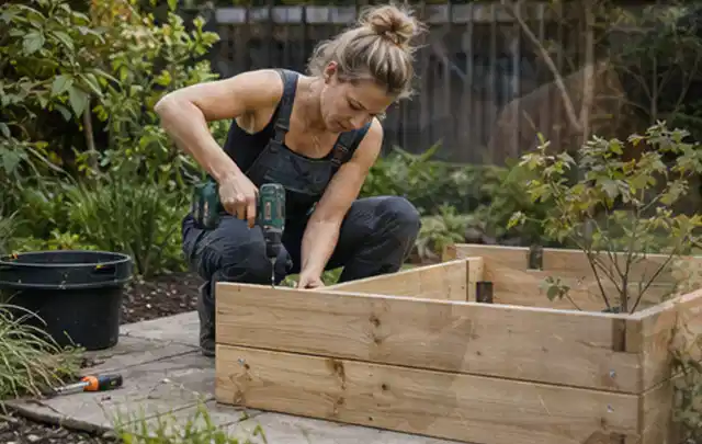 Person montiert ein massives Hochbeet aus unbehandeltem Holz im Garten; Thema Lagerhaus im Garten, Schwerpunkt Fehlerhilfe; Kontrolle.