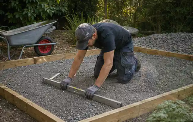Person richtet eine verdichtete Kiesfläche mit Wasserwaage und Abziehlatte aus; Thema Lagerhaus im Garten, Schwerpunkt Fehlerhilfe; Praxisalltag.