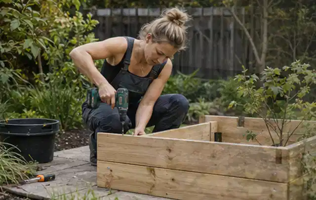Person montiert ein massives Hochbeet aus unbehandeltem Holz im Garten; Thema Lagerhaus im Garten, Schwerpunkt Fundament; Ausgangslage.