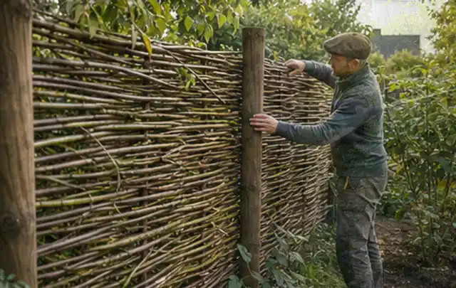 Person befestigt geflochtene Weidenruten an stabilen Holzpfosten im Garten; Thema Lagerhaus im Garten, Schwerpunkt Fundament; Kontrolle.