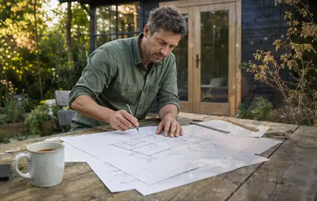 Person prüft Bauzeichnungen an einem Gartentisch vor einem kleinen Gartenhaus; Thema Lagerhaus im Garten, Schwerpunkt Fundament; Praxisalltag.
