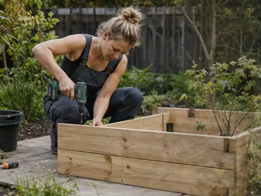Person montiert ein massives Hochbeet aus unbehandeltem Holz im Garten; Thema Lagerhaus im Garten, Schwerpunkt mit kleiner Fläche; Titelbild.