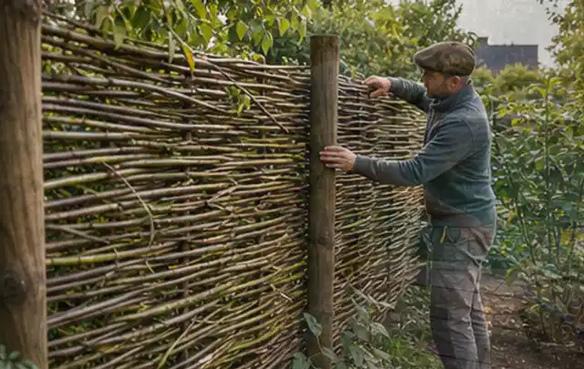 Person befestigt geflochtene Weidenruten an stabilen Holzpfosten im Garten; Thema Lagerhaus im Garten, Schwerpunkt mit kleiner Fläche; Kontrolle.