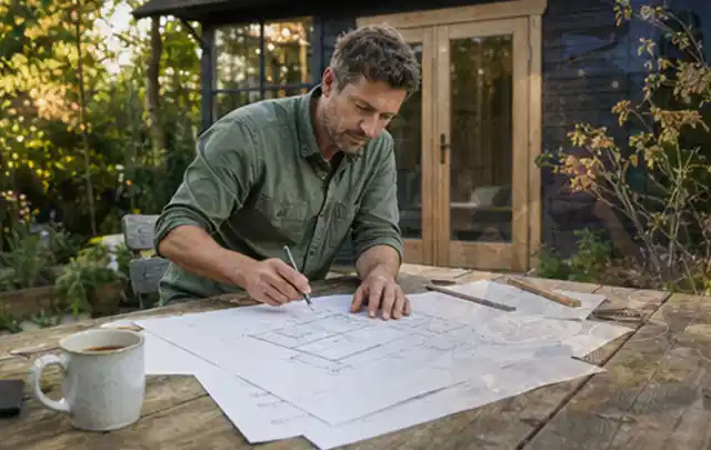 Person prüft Bauzeichnungen an einem Gartentisch vor einem kleinen Gartenhaus; Thema Lagerhaus im Garten, Schwerpunkt Gärten mit kleiner Fläche; Ergebnis.