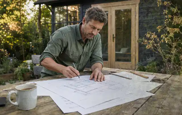 Person prüft Bauzeichnungen an einem Gartentisch vor einem kleinen Gartenhaus; Thema Lagerhaus im Garten, Schwerpunkt Gartenhäuser; Kontrolle.