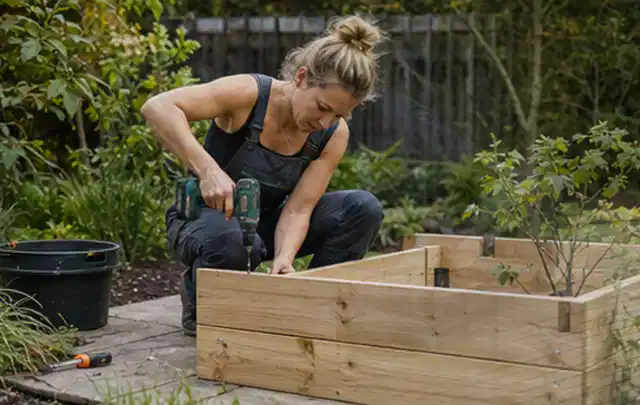 Person montiert ein massives Hochbeet aus unbehandeltem Holz im Garten; Thema Lagerhaus im Garten, Schwerpunkt Gartenhäuser; Ergebnis.