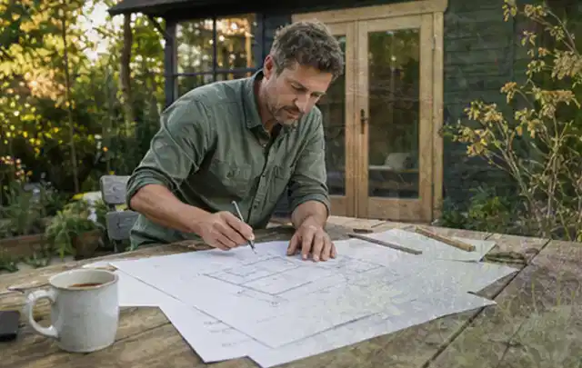 Person prüft Bauzeichnungen an einem Gartentisch vor einem kleinen Gartenhaus; Thema Lagerhaus im Garten, Schwerpunkt Gestaltung; Ausgangslage.