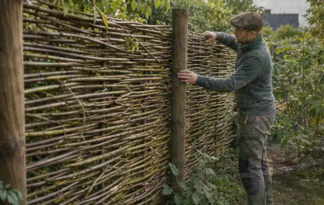 Person befestigt geflochtene Weidenruten an stabilen Holzpfosten im Garten; Thema Lagerhaus im Garten, Schwerpunkt Gestaltung; Umsetzung.