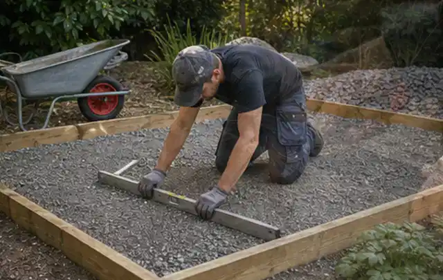 Person richtet eine verdichtete Kiesfläche mit Wasserwaage und Abziehlatte aus; Thema Lagerhaus im Garten, Schwerpunkt Gestaltung; Kontrolle.