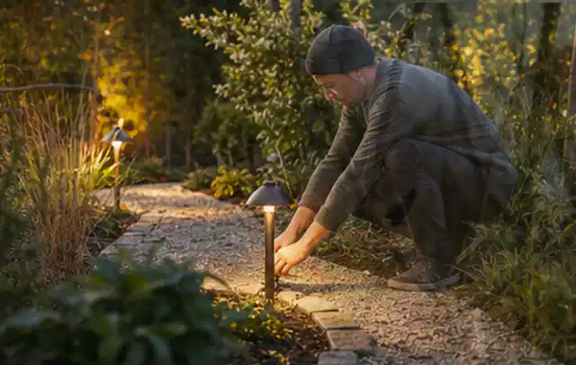 Person richtet eine niedrige warm leuchtende Gartenlampe am Kiesweg aus; Thema Lagerhaus im Garten, Schwerpunkt Gestaltung; Praxisalltag.
