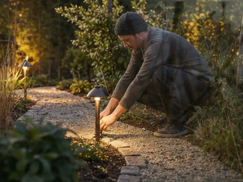 Person richtet eine niedrige warm leuchtende Gartenlampe am Kiesweg aus; Thema Lagerhaus im Garten, Schwerpunkt Kosten; Titelbild.