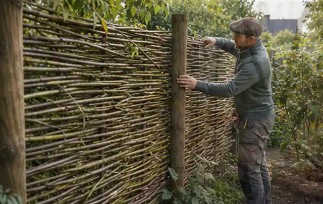 Person befestigt geflochtene Weidenruten an stabilen Holzpfosten im Garten; Thema Lagerhaus im Garten, Schwerpunkt Kosten; Ausgangslage.